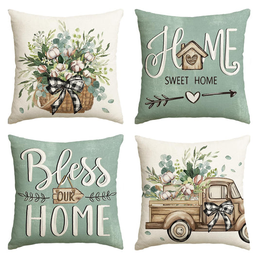 AVOIN colorlife Bless Our Home Farmhouse Eucalyptus Leaves Throw Pillow Covers, 20 x 20 Inch Blue Truck Home Sweet Cushion Case Decorations Set of 4