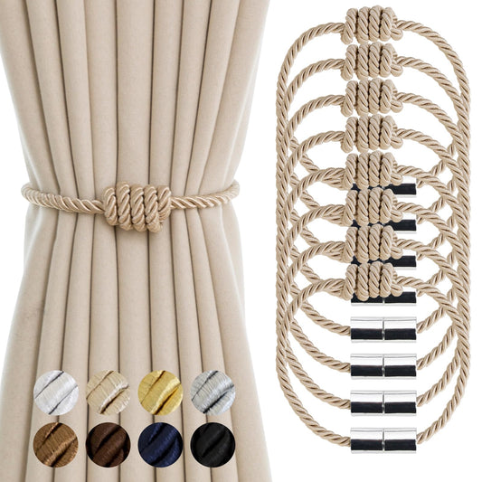 Contoeey Magnetic Curtain Tiebacks - Decorative Tie Backs for Drapes, 8 Pack Rope Holders, Beige