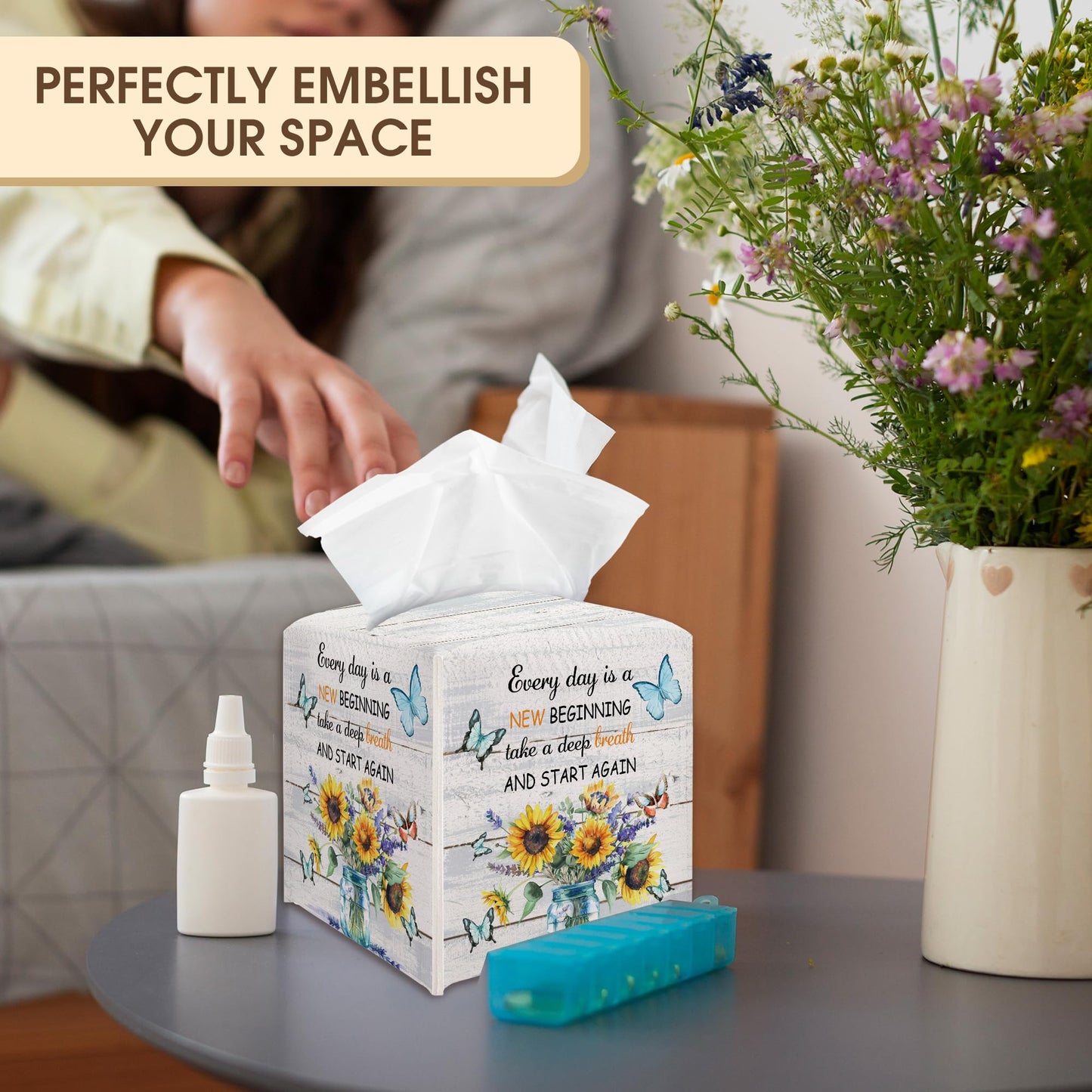 Floral and Butterflies Tissue Box Cover Holder, Tissue Box Cover Holder with Belt Bottom, New Beginnings Gift for Family Friends, Home Bathroom Table Decor-(5.2 Inches) A18