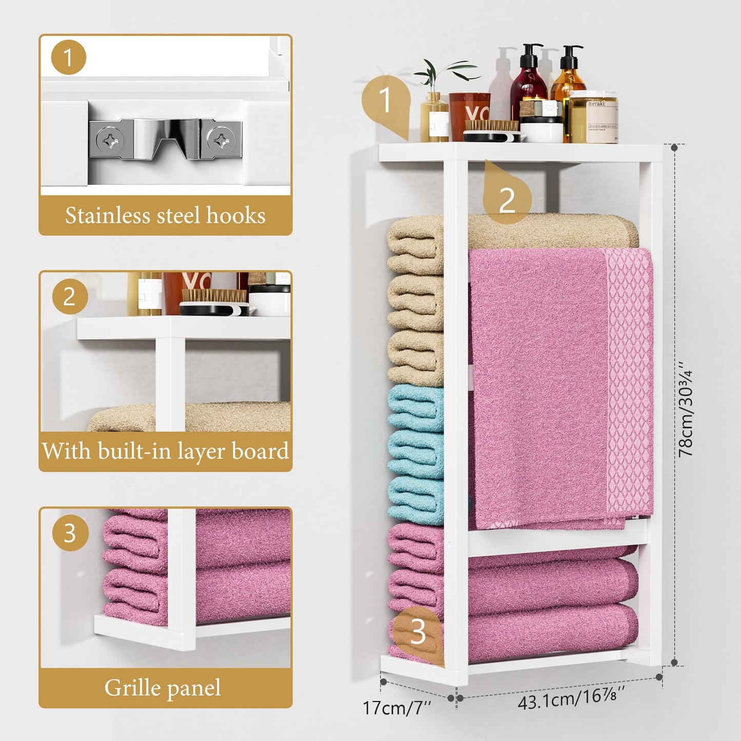 Bamboo Wall Blanket Ladder, 4-Tier Towel Racks, Bamboo Bath Towel Racks for Bathroom Wall Mounted, Decorative Blanket, Quilt, Towel, Scarf Ladder Shelves for Bathroom, Living Room, Bedroom，White
