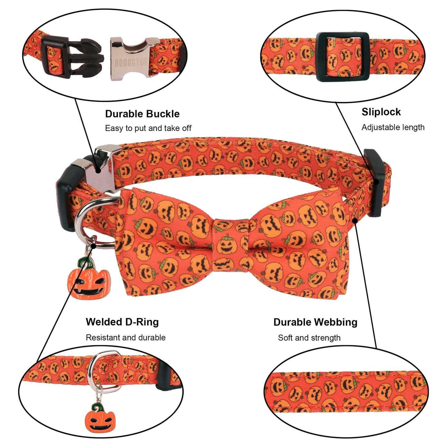 ADOGGYGO Halloween Dog Collar with Detachable Bow, Adjustable Orange Pumpkin Halloween Bowtie Collars for Small Medium Large Dogs (Large)