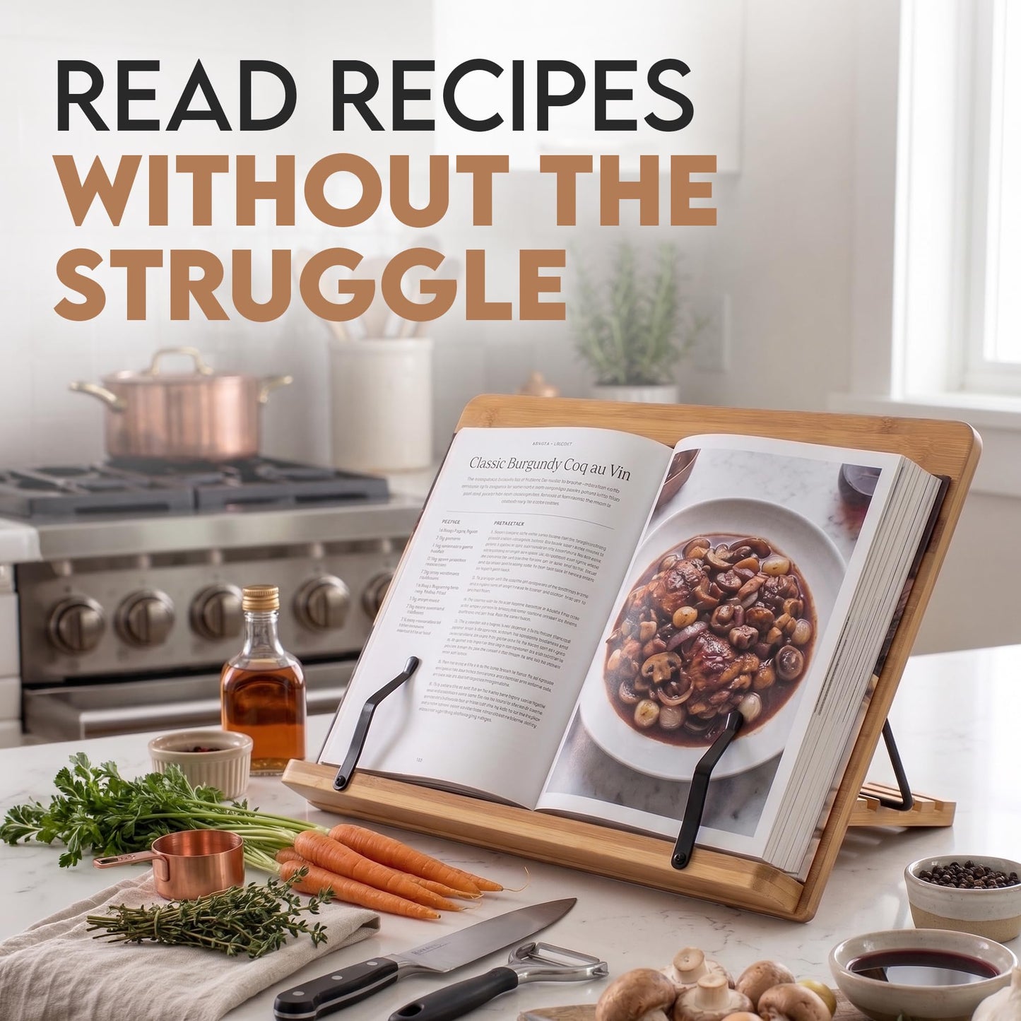 Bamboo Cookbook Stand Large, Adjustable Book Holder Tray and Page Paper Clips - Walnut Color Large - 4-Position Recipe Book Stand Holds Thick Books for Kitchen Counter, Reading, Studying - Foldable