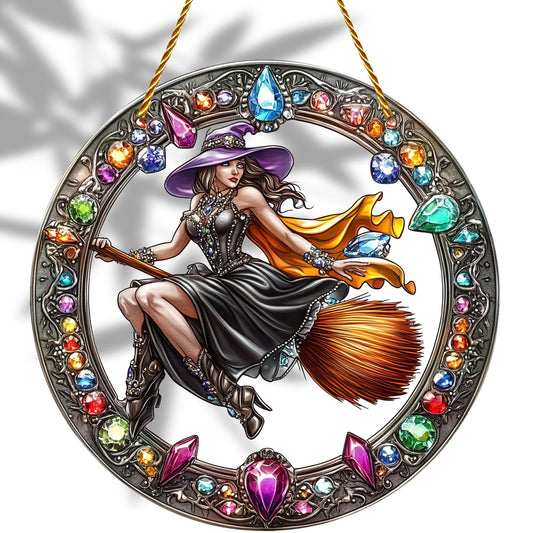 8x8 inch Charming The Witch Rides A Broom Acrylic Stained Glass Window Hanging Sun Catcher Decor Stained Panel Hangings Wall Art Decor, for Friends and Family (Witch Broom)