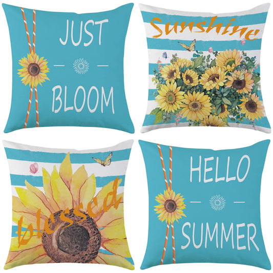 Mimkus Sunflower Pillow Cover 18 x 18 Inch Set of 4 Spring Summer Throw Pillow Covers Floral Double-Sided Printing Blue Cushion Cover for Sofa Home Decor