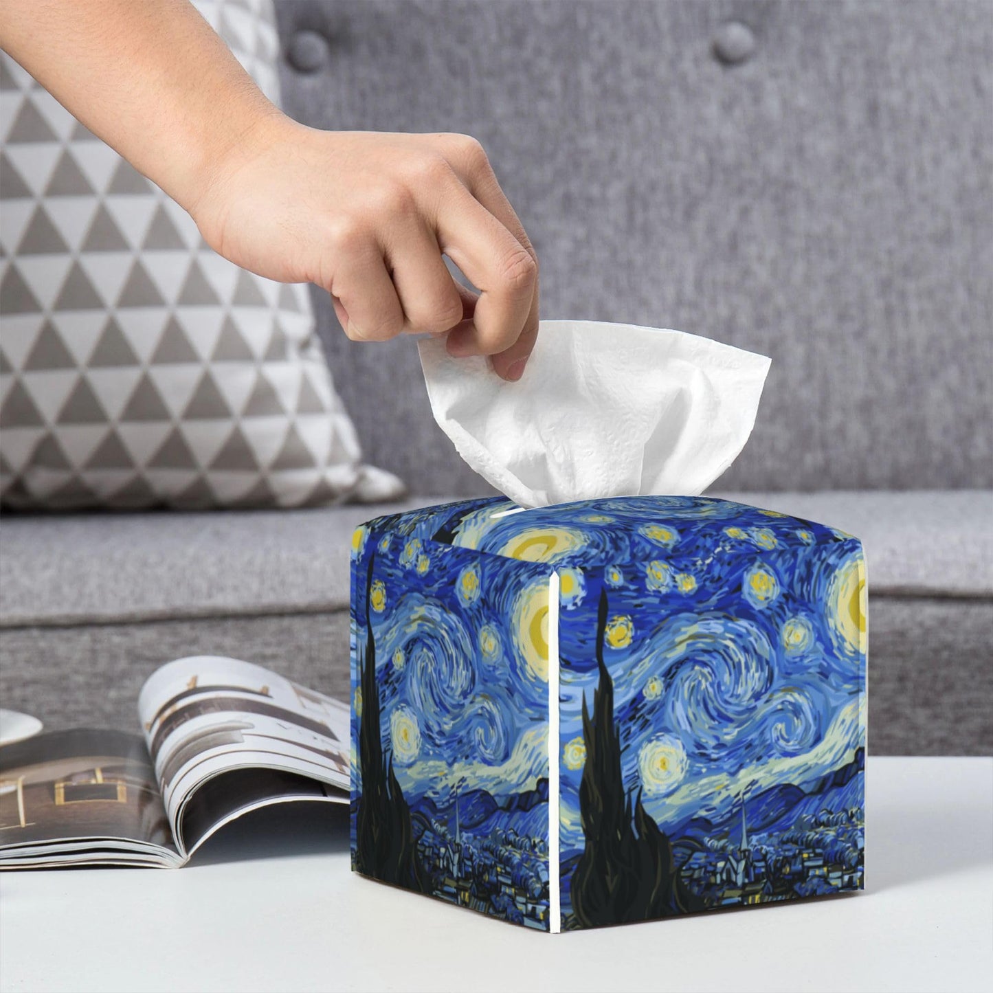 POIUBLE Starry Night Tissue Box Cover Leather Tissue Box Holder Square Facial Paper Organizer Dispenser for Bathroom Kitchen Bedroom Vanity Countertop Night Stands