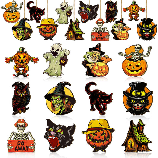 Huwena 36 Pcs Halloween Wood Ornament for Tree Vintage Ornaments Wooden Halloween Hanging Decorations Pumpkin Witch Black Cat Wood Cutouts with Ropes for Home Party Decor(Skeleton)