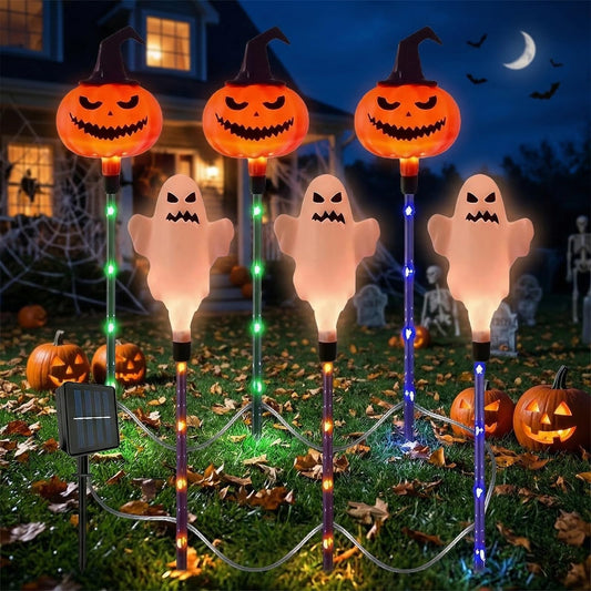 AVEKI 6 in 1 Halloween Ghost Pumpkin Solar Pathway Lights Outdoor, Stake Lights with 8 Lighting Modes, Waterproof Outdoor Garden Lights for Halloween Decorations Yard Pathway (Ghost & Pumpkin)
