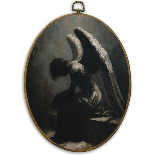 CUANFDDSF Vintage Halloween Angel Oval Wall Art Decor, Halloween Wall Hanging Decor, Moody Rustic Dark Academia Gothic Angel Framed Canvas Prints for Home Bedroom Living Room, 8.6x11.4 Inch