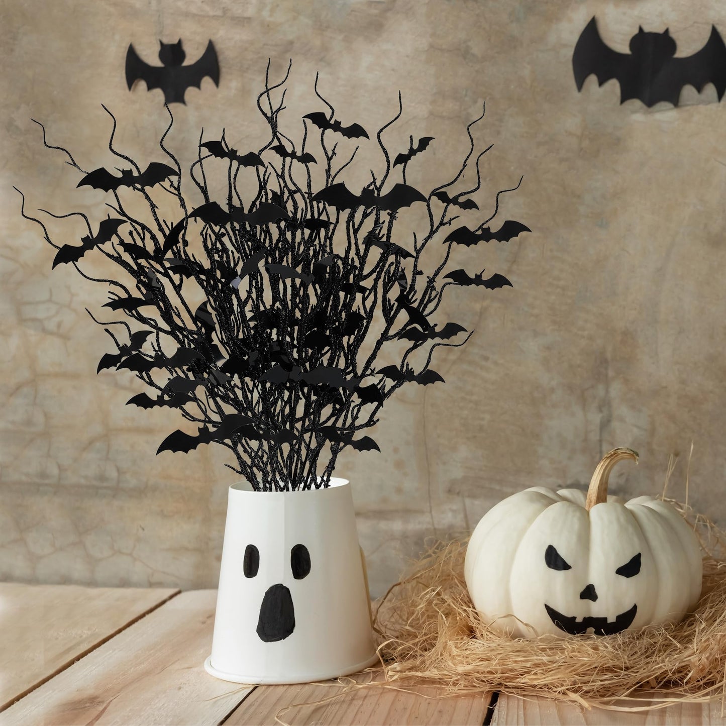 Sggvecsy 15 Pcs Artificial Halloween Glitter Stem with Black Bats Faux Picks Curly Willow Branches Decorative Glitter Sticks Twigs for Halloween DIY Crafts Festival Home Decoration