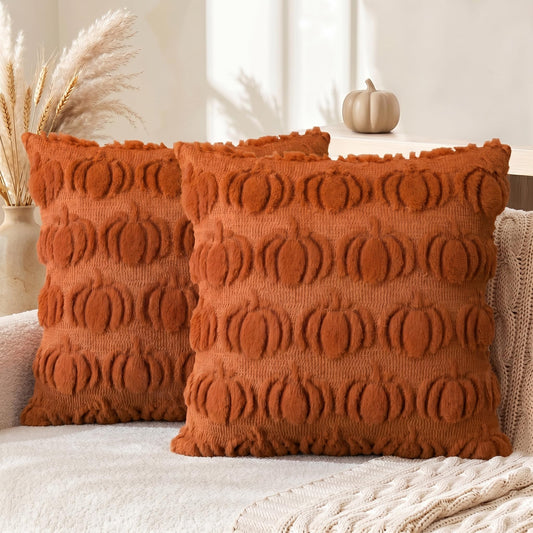 AVOIN colorlife Fall Pumpkin Caramel Throw Pillow Covers, 20 x 20 Inch Autumn Thanksgiving Harvest Soft Plush Faux Fur Jacquard Cushion Case Decoration for Sofa Couch Set of 2