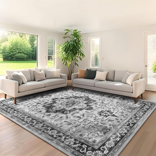 8x10 Vintage Area Rug for Living Room Bedroom, Large Washable Indoor Rug Non Slip, Thin Throw Floral Floor Low Pile Distressed Carpet for Office Nursery Dining Room (Black/Grey)
