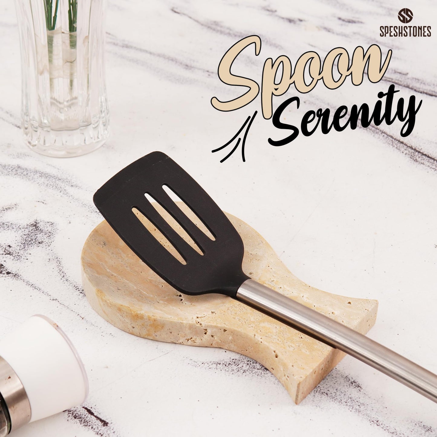 SPESHSTONES Marble Spoon Rest 8'' Inches Travertine Marble Spatula Fork Ladle Handmade Utensil Rest Keeper - Cooking Spoon Organizer - Stove Top Chef Kitchen Tool Spoon Holder
