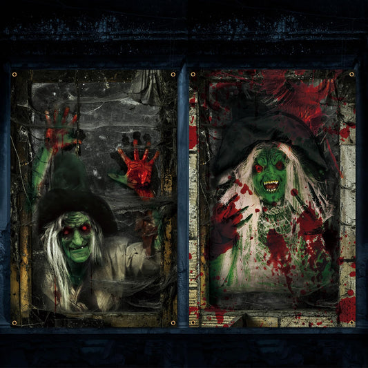 Newwiee 2 Pcs Scary Halloween Curtain Window Silhouette Cover Decoration Theme Poster for Indoor Outdoor Party Wall Door(Witch)