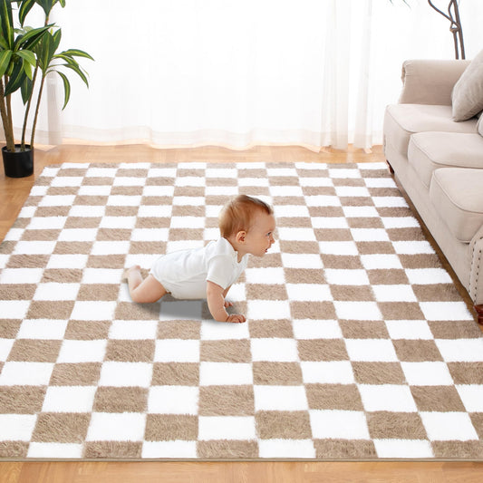 Super Soft Rug for Bedroom, 3x5 Ft Beige and White Area Rug Classic Checkered Shaggy Anti-Skid High Pile Soft Fluffy Rug Fuzzy Carpet for Living Room Bedroom Kids Room Nursery, Dorm Home Decor