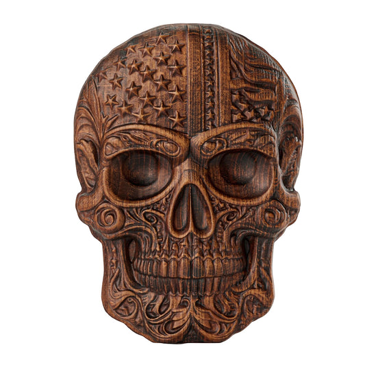 bgcarpenter Wooden Skull Statue with USA Flag, Handmade Skull Wall Decor, Human Head Model Halloween (8 Inch)