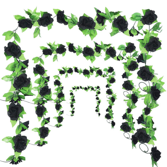 WILLBOND 4 Pieces 7.7 Feet Fake Rose Vine Artificial Vine with Flowers Rose Garland Vintage Faux Flowers Decorations for Home Wedding Party Garden Hotel Office Decor (Black)