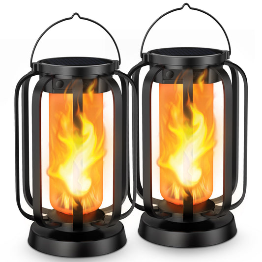 Hompavo Gen2 Solar Lanterns Outdoor Lights with Ultra-Real Flame, 2 Charging (USB/Solar) & 4 Modes - Waterproof Decorative Hanging/Table Lights for Pathway Yard Patio Garden Decor Gifts for Women, 2