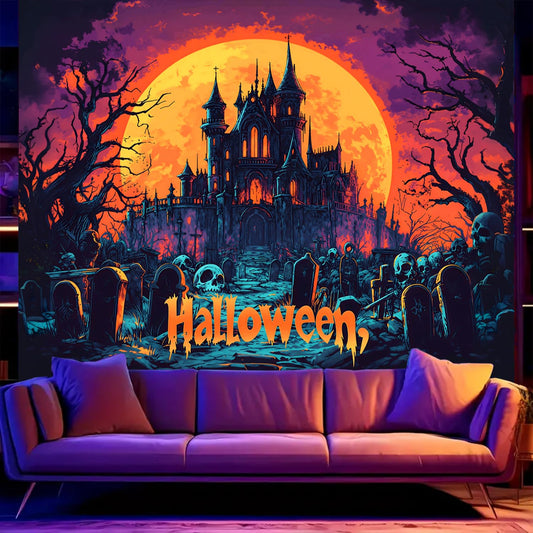 BSFHH Black Light Tapestry – UV Reactive Glow in the Dark Wall Hanging, Spooky Night Scene with Ghosts & Pumpkins, Haunting Home Decor for Parties, Bedroom, or Dorm (GHOST TOWN, 90L x 70W, Unframed)