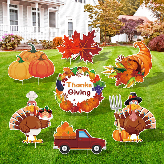 Arosche Thanksgiving Yard Signs 7pcs with Stakes Happy Thanksgiving Decorations Outdoor Turkey Pumpkin Leaf Harvest Garden Wall Porch Signs Seasonal Holiday Party Supplies Lawn Yard Decorations