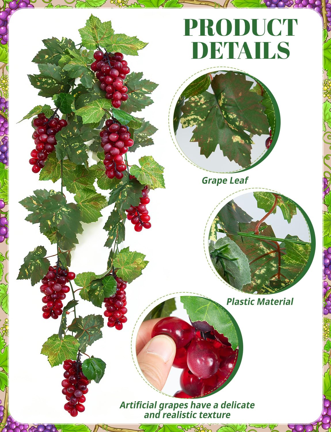 UAYVEBS 6.6FT Artificial Grape Vine Leaf Garland Plant with 7 Strings Grapes, Fake Artificial Greenery Garlands Hanging Leaves for Wedding Party Store Home Indoor Outdoor Garden Spring Decor