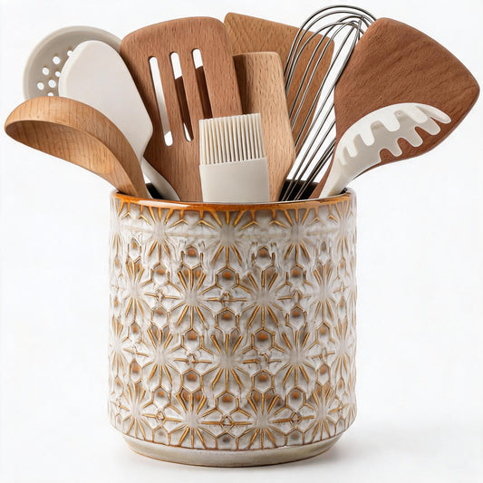 Utensil Holder Utensil Crock Rustic Embossed Ceramic Kitchen Utensil Holder – Farmhouse Decorative Countertop Organizer for Cooking Tools, Flowers, Coffee Pods, 5.3”x5.3” Vintage Beige