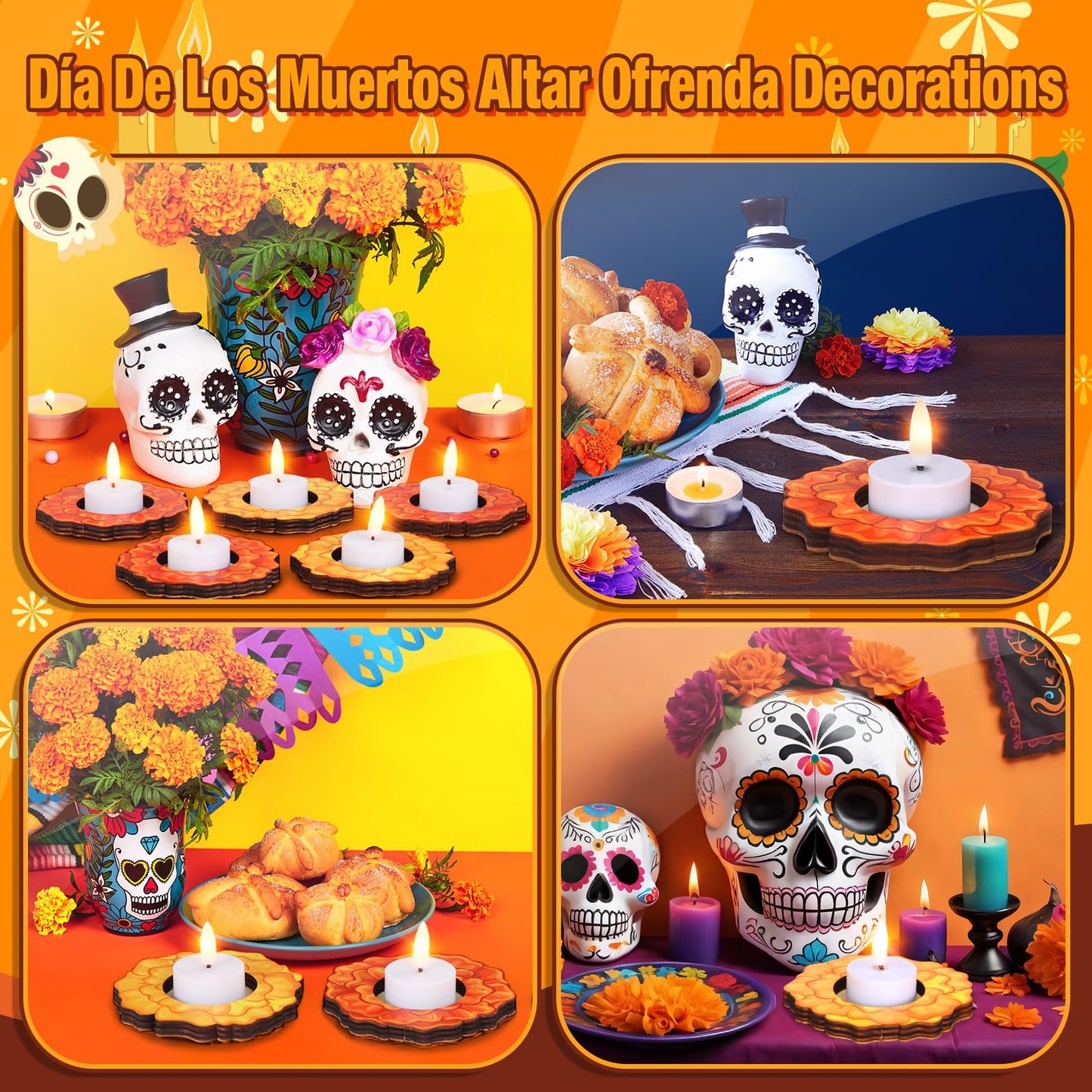 LemonRoad 12 Pcs Dia De Los Muertos Wooden Candle Holders Day of The Dead Marigold Home Table Decor for Mexican Party Day of The Dead Altar Decorations Remembrance Supplies Halloween Party Favors