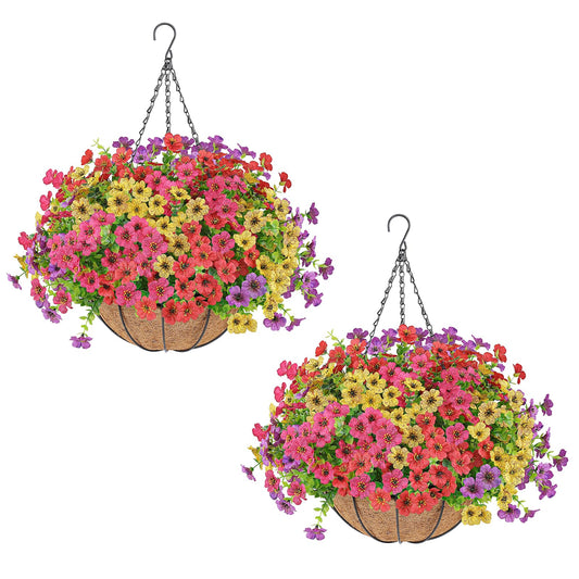 AGIRL 2 Set Artificial Hanging Flowers with Baskets for Outdoors,UV Resistant Fake Hanging Plants for Outdoor Porch Patio Garden, Realistic Silk Flowers for Spring Summer Home Decor