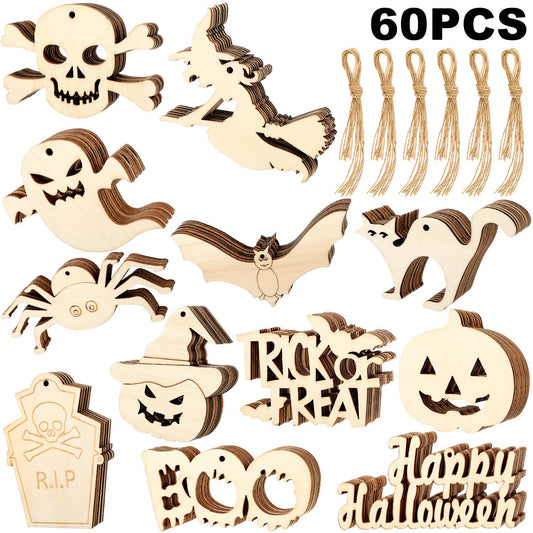 WILLBOND 60 Pieces Halloween Wood Slices Cutouts Pumpkin Wooden Hanging Ornaments Happy Halloween Ghost Witches Gift Tags with Twine Ropes Kids DIY Crafts for Ornaments Supplies