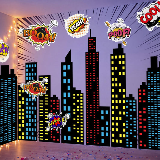 Crtiin 19 Pcs Large Hero Theme City Skyline Wall Decal 12 Comic Words and 7 Large Cityscape Wall Decal Art New York Skyline Hero for Birthday Classroom Backdrop Back to School Hallway Blackboard