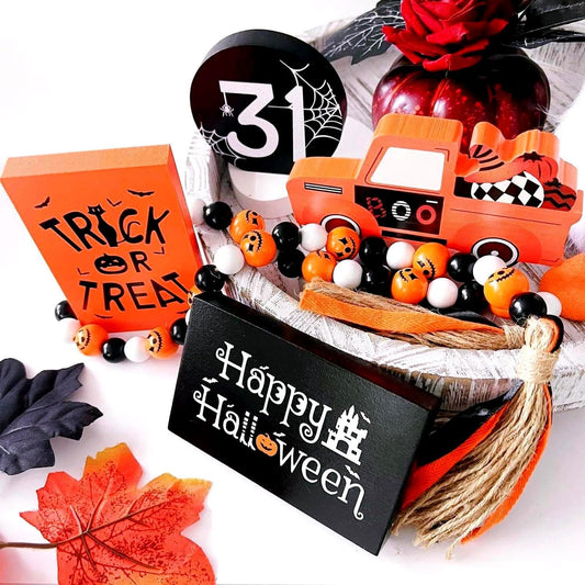 Halloween Decor, Halloween Decorations Indoor | 5Pcs Halloween Tiered Tray Decor - Boo Happy Halloween Wooden Signs and Bead Garland | Spooky Halloween Decor for Home Table