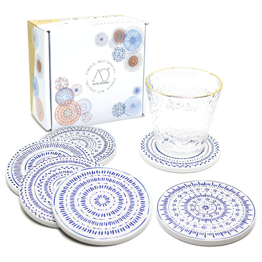AD Set of 6 Coasters for Drinks Absorbing Round Ceramic Stone Coaster with Cork Base,Tabletop Protection Mat for Mugs and Cups,Office,Kitchen (Nordic Blue)