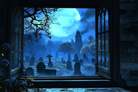 AMAZING WALL Graveyard Fake Window Sticke –3D Haunted Cemetery Illusion Wall Decal with Full Moon & Gothic View–Peel and Stick Halloween Decoration for Home,Door,Wall,32x48in/2PCS