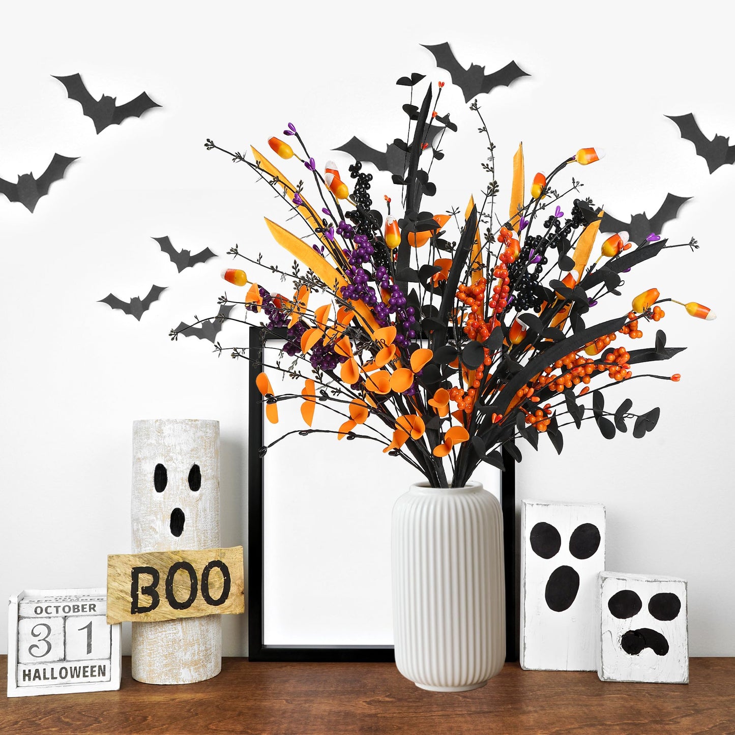 Sggvecsy 6 Pcs Artificial Halloween Stem with Berries Teeth Black Orange Leaves Faux Picks Decorative Twigs for Flower Arrangemant Table Centerpiece Halloween DIY Crafts Festival Home Decoration