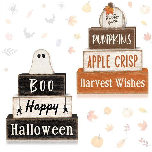 8Pcs Fall and Halloween Decor Wooden Ghost Pumpkin Table Decorations, Halloween Fall Tiered Tray Decor Rustic Cute Ghost Pumpkin Stack Signs Tabletop Centerpieces for Home Office Kitchen Shelf