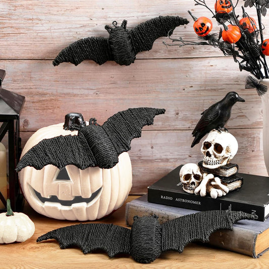 Beeveer 3 Pcs Woven Rattan Bat Wall Hanging Halloween Decor, 3D Scary Handcrafted Black Rope Bats, Rustic Natural Farmhouse Halloween Creepy Decorations for Home Fireplace Door, 9.06/7.48/5.91 Inch