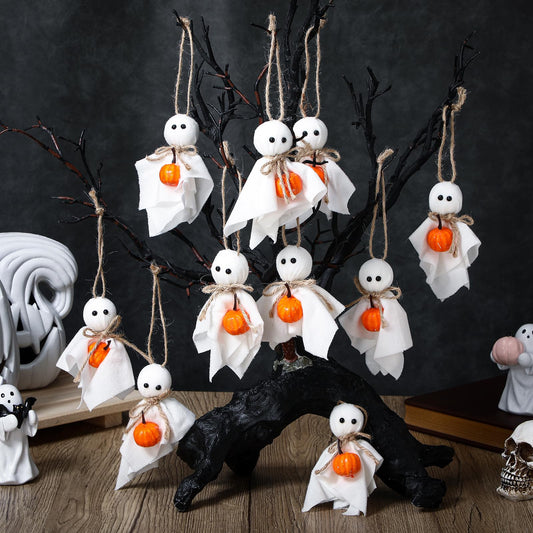 Civaner 24 Pcs Halloween Hanging Ghost Ornaments Mini Ghost Ornaments for Halloween Tree 3 Inch Cute Hanging Farmhouse Rustic Boo with Pumpkin Decorations for Haunted Party Yard Tree Decor