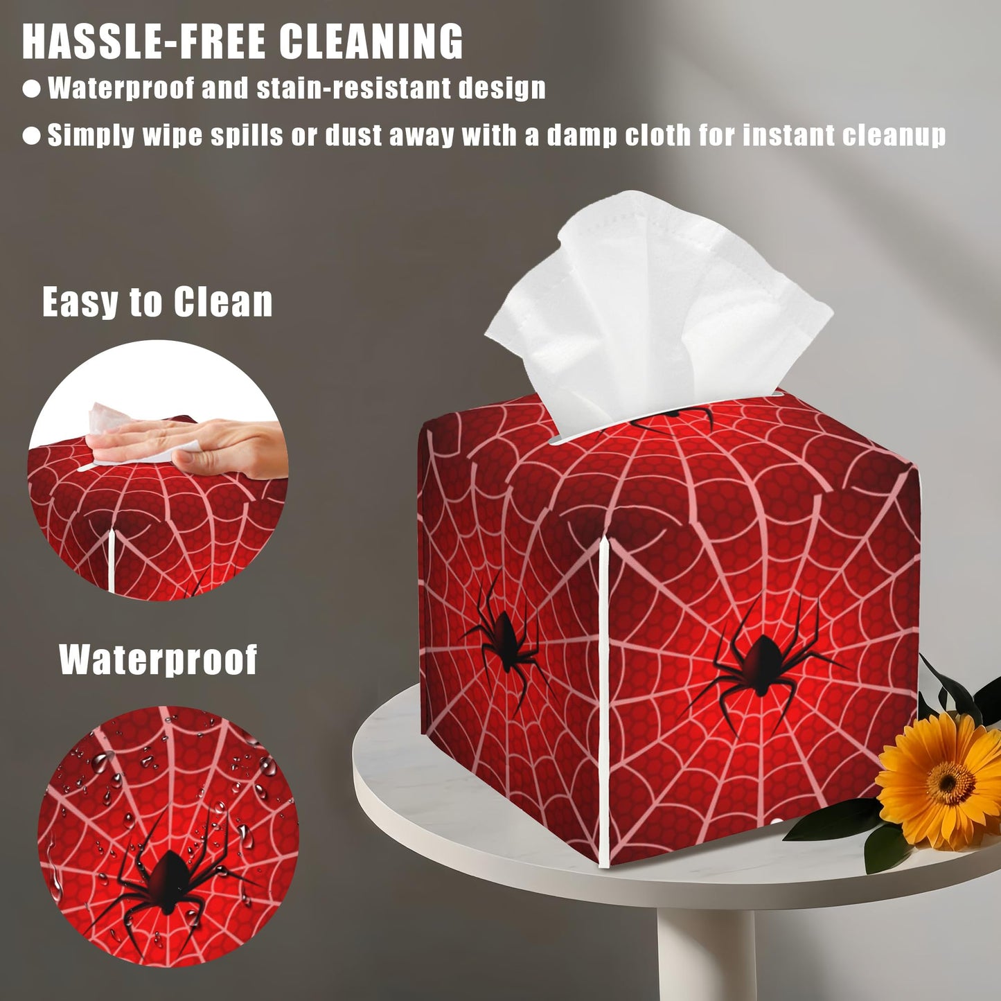 BLYKVGHQ Spider Web Tissue Box Cover Square, Tissue Box Holder with Bottom Belt Leather Facial Paper Organizer Dispenser for Bathroom Bedroom Dresser Night Stand Tabletop