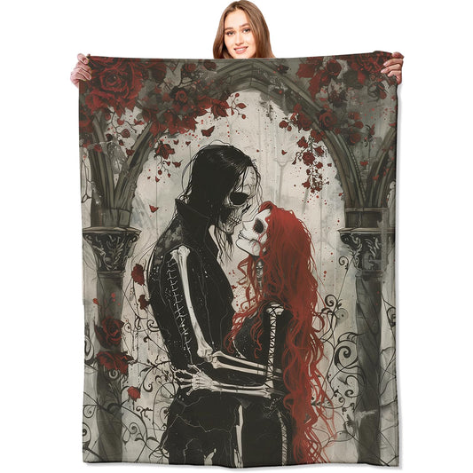 VODRM Gothic Romance Skull Lovers Blanket,Red Rose Skeleton Throw Blankets,Gifts for Women Men, Lightweight Soft Fleece Cozy,for Sofa Couch Bed Room Travel,Festival Halloween Goth Decor,50x60in