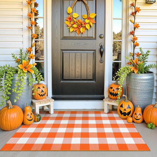 Collive 3x5 Buffalo Plaid Checkered Outdoor Rug, White and Orange Halloween Fall Decor Door Mat, Washable Front Doormat Outside Entrance, Layered Welcome Mat Porch Cotton Area Rugs for Entryway Patio