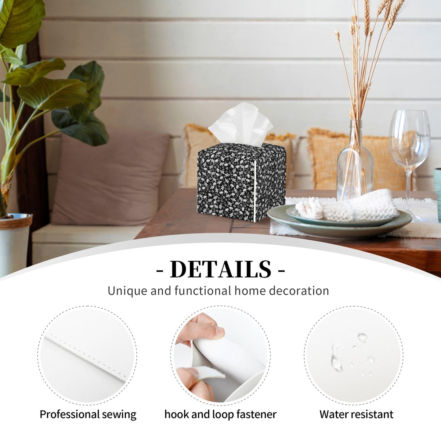 POIUBLE Leather Tissue Box Holder Black and White Flowers Tissue Box Cover Square Waterproof Tissue Holder Organizer Modern Napkin Holder for Bedroom Dresser Night Stand Office Desk
