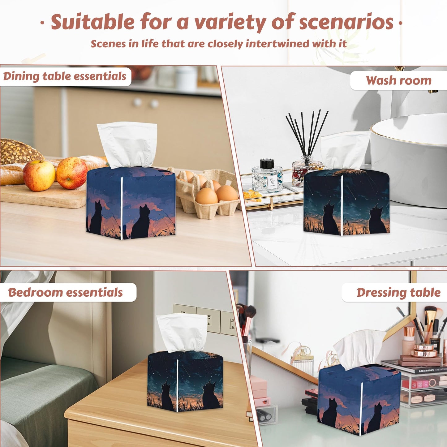 Starry Night Sky Cat Tissue Box Holder, Leather Tissue Box Cover Square, Paper Facial Decorative Tissues Cover for Bathroom Home Car Nightstand Vanity Desk, 2 Pcs
