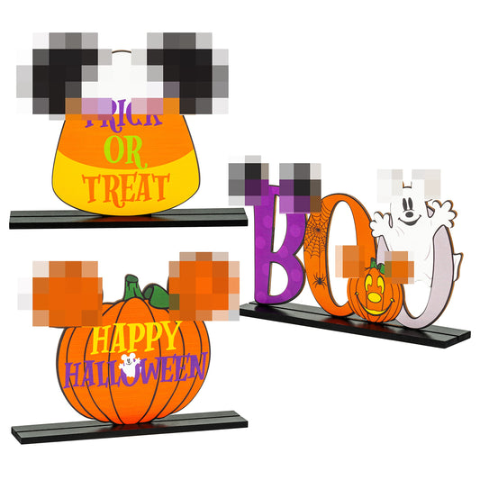 Andi Cppss 3PCS Halloween Mouse Wooden Table Centerpieces, Trick or Treat Sign Table Top Decor, Boo Sign Table Centerpiece for Halloween, Happy Halloween Mouse Pumpkin Table Topper for Party Supplies
