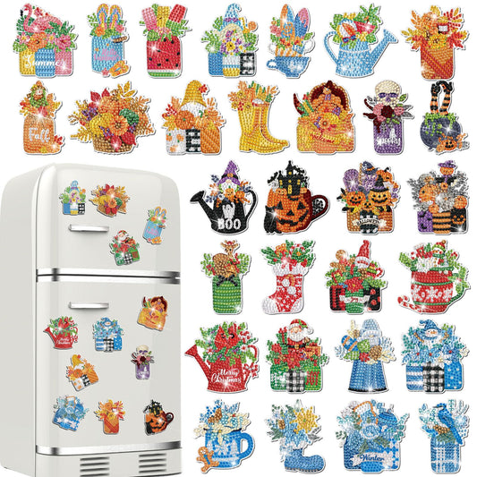 Relaxweex 30 Pcs Seasonal Diamond Painting Magnet Holiday Fall Diamond Art Magnet Kits for Adult 5D Rhinestones Mason Jar Flower Refrigerator Magnetic Sticker for Fridge DIY Crafts Gifts(Holiday)