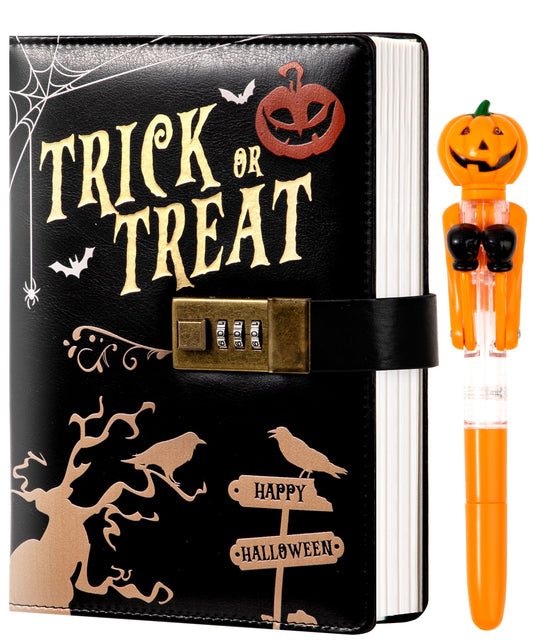 CAGIE Journal with Lock for Women Men, A5 Locked Journal with Pumpkin Pen Set, Halloween Notebook with Combination Lock 192 Pages Diary with Lock, 5.7x 8.3 Inches, Trick or Treat Black