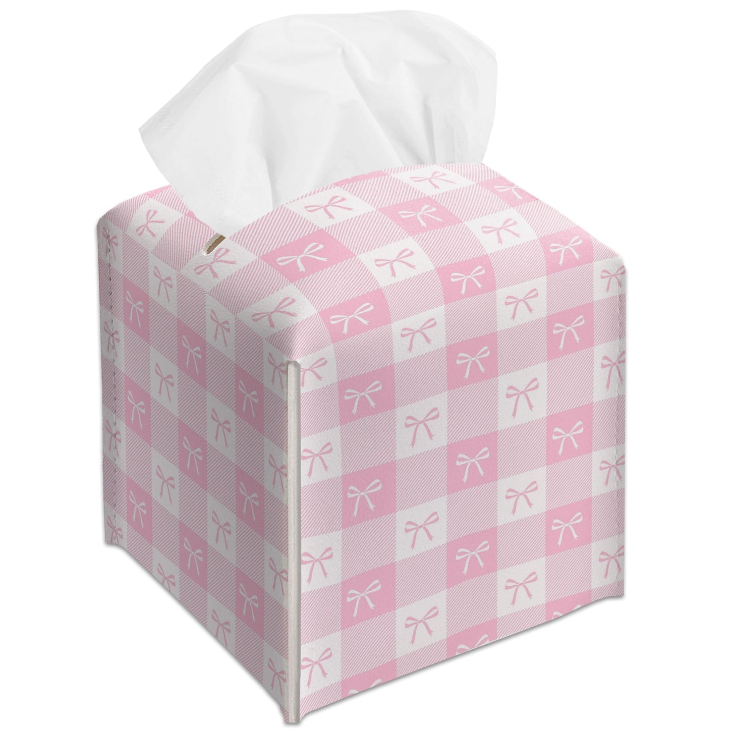 Pink Gingham Bow Decorative Leather Tissue Box Cover - Cute Tissue Holder Gifts for Women and Friends Funny Unique for Home Decor Decorative for Kitchen Bathroom Nightstands Office - A21
