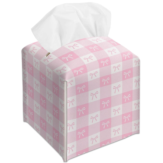 Pink Gingham Bow Decorative Leather Tissue Box Cover - Cute Tissue Holder Gifts for Women and Friends Funny Unique for Home Decor Decorative for Kitchen Bathroom Nightstands Office - A21