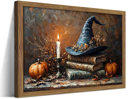 Framed Vintage Halloween Witch Hat Wall Art – Dark Academia Books Pictures Fall Wall Decor for Living Room, Rustic Autumn Candle Art Prints for Office Bedroom Home 12x16 inch Wood Frame