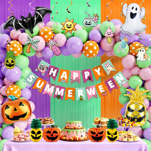 91Pcs Summerween Decorations Set - Summer Halloween Party Decorations with Happy Summerween Banner, Ghost Pineapple Balloons, Honeycomb Balls & Swirls - Spooky Summer Party Supplies for Birthday