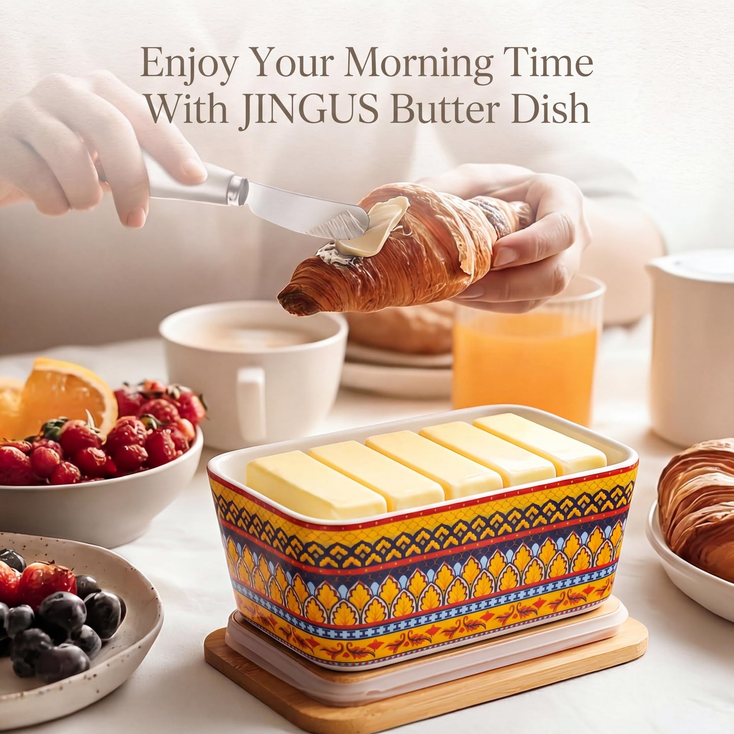 JINGUS Butter Dish with Lid, 6.5"Ceramic Butter Container for Countertop