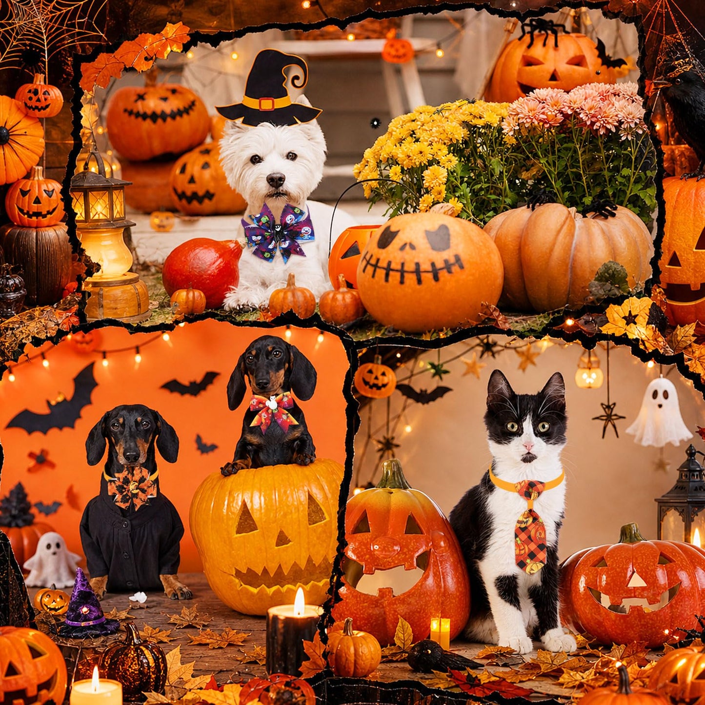 Huhumy 100 Pcs Halloween and Thanksgiving Day Dog Bow Tie Collar Bulk Adjustable Pet Bow Tie Dog Neckties Collars for Small Medium Pet Grooming Accessories Puppy Supply